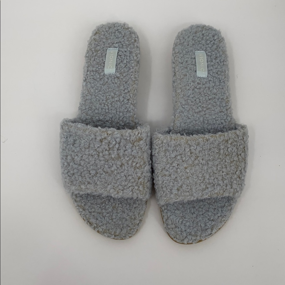 Vionic Gray Fuzzy Slide Sandals